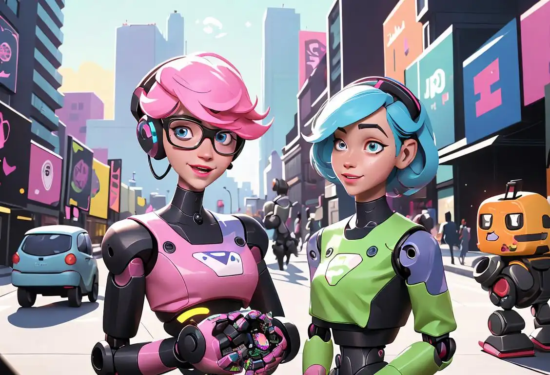 Happy, tech-savvy individuals chatting with colorful and friendly robot companions in a futuristic cityscape. Fashionable, casual attire with a touch of geek chic..