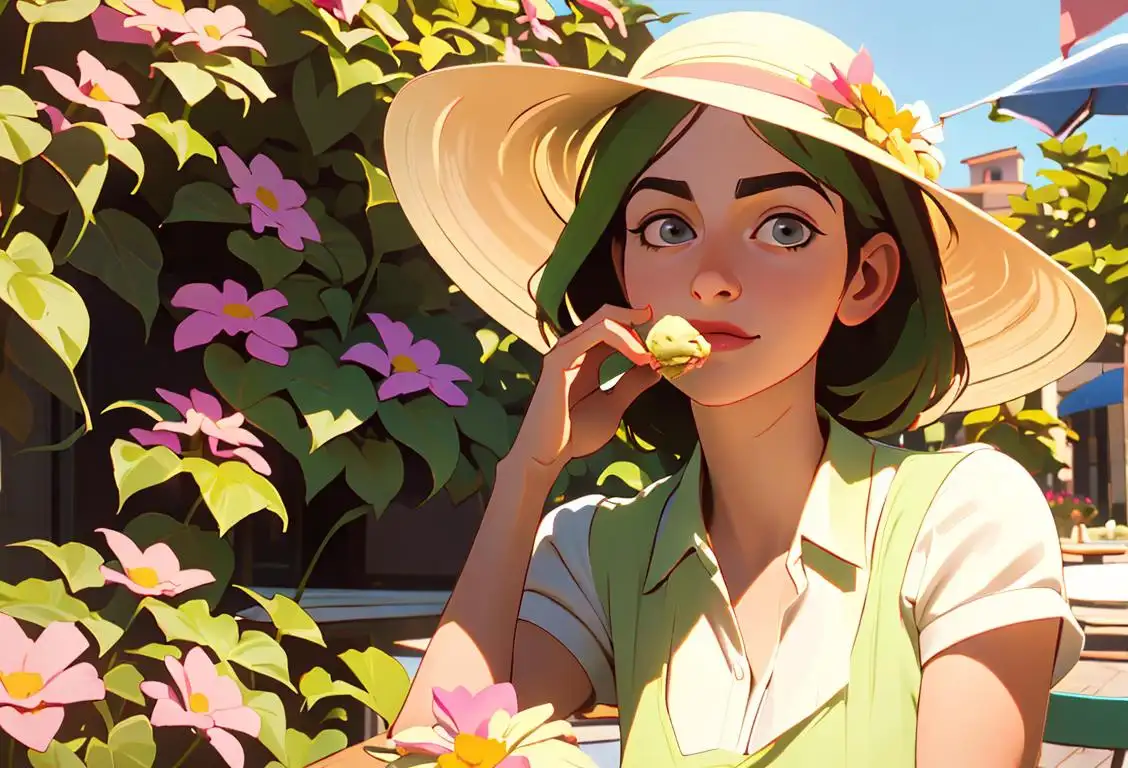 Young girl delightfully enjoying a spumoni gelato, wearing a sun hat, sitting at an outdoor Italian cafe, surrounded by colorful flowers..