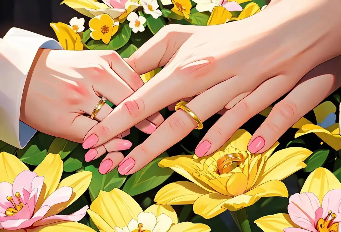 Close-up of a happy couple's hands, showcasing their wedding rings against a beautiful backdrop of blooming flowers..