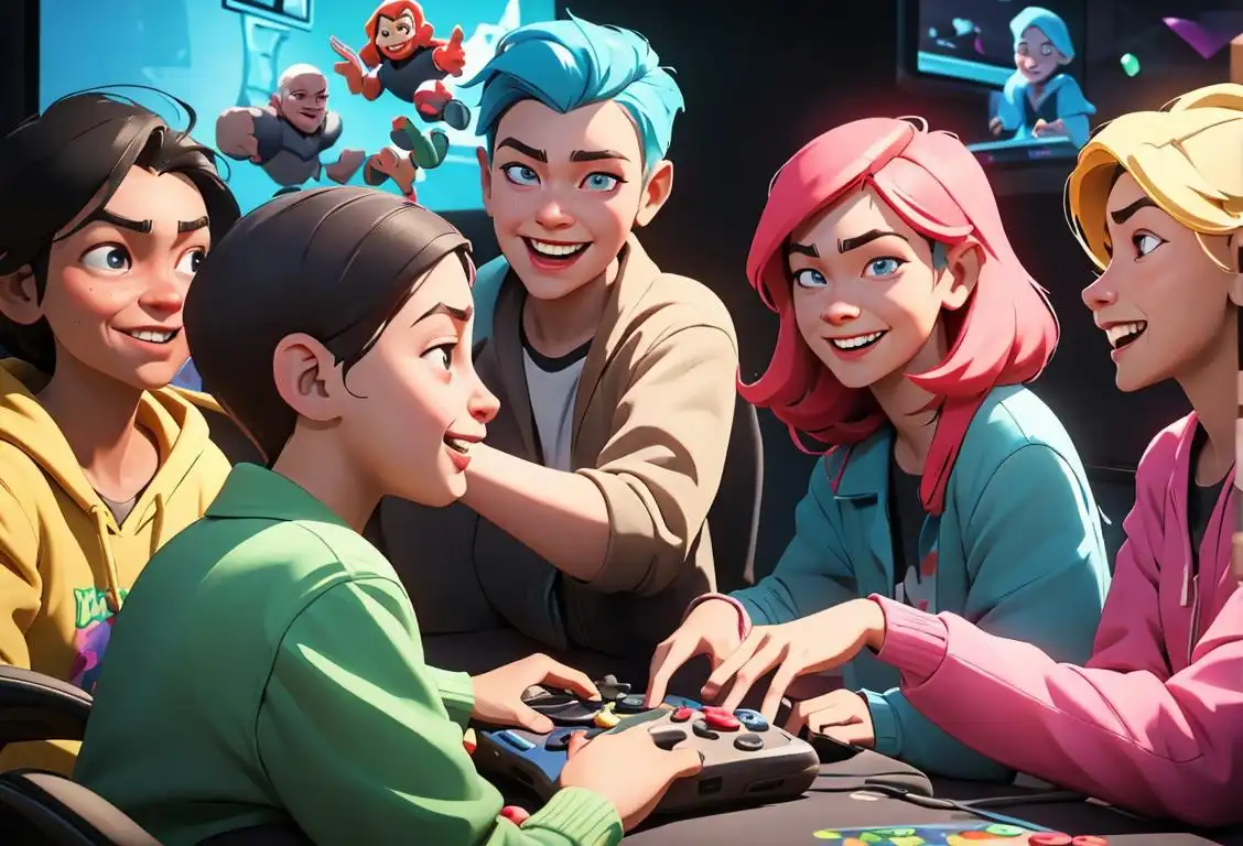 A diverse group of people of all ages, genders, and backgrounds gathered together, smiling and playing various video games in a vibrant gaming room..