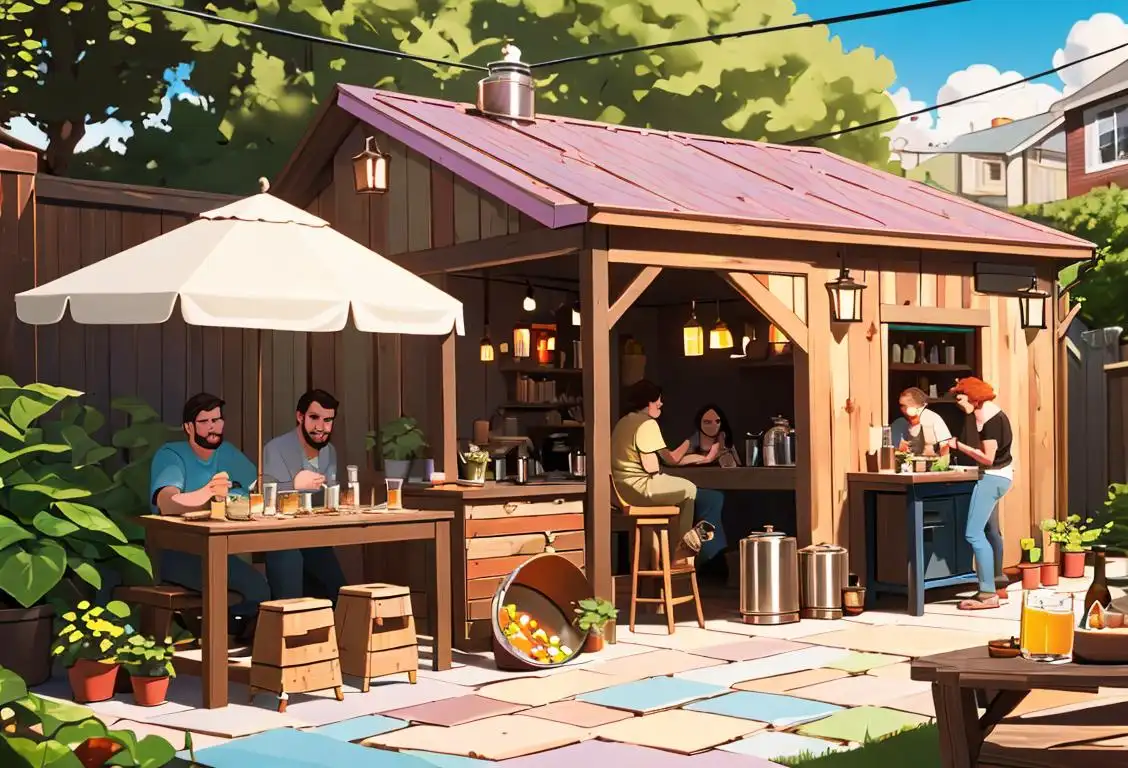 A group of people in casual attire gathering around a homebrewing setup, filled with colorful ingredients and brewing equipment, in a cozy backyard setting..