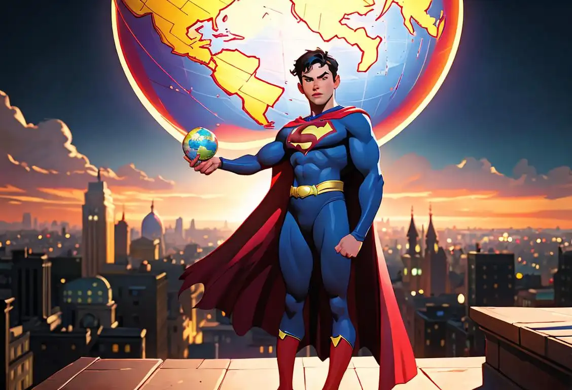 Young man wearing a superhero cape, holding a globe in one hand, against a vibrant and diverse global cityscape backdrop..