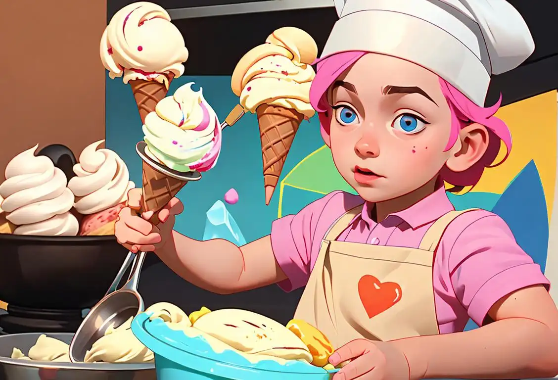 Young child holding a colorful ice cream cone, wearing a chef hat and apron, surrounded by ice cream ingredients and kitchen utensils..