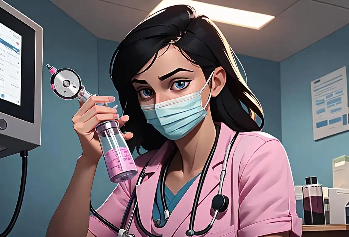Young medical professional in scrubs, wearing a stethoscope and holding a syringe, bright hospital setting.