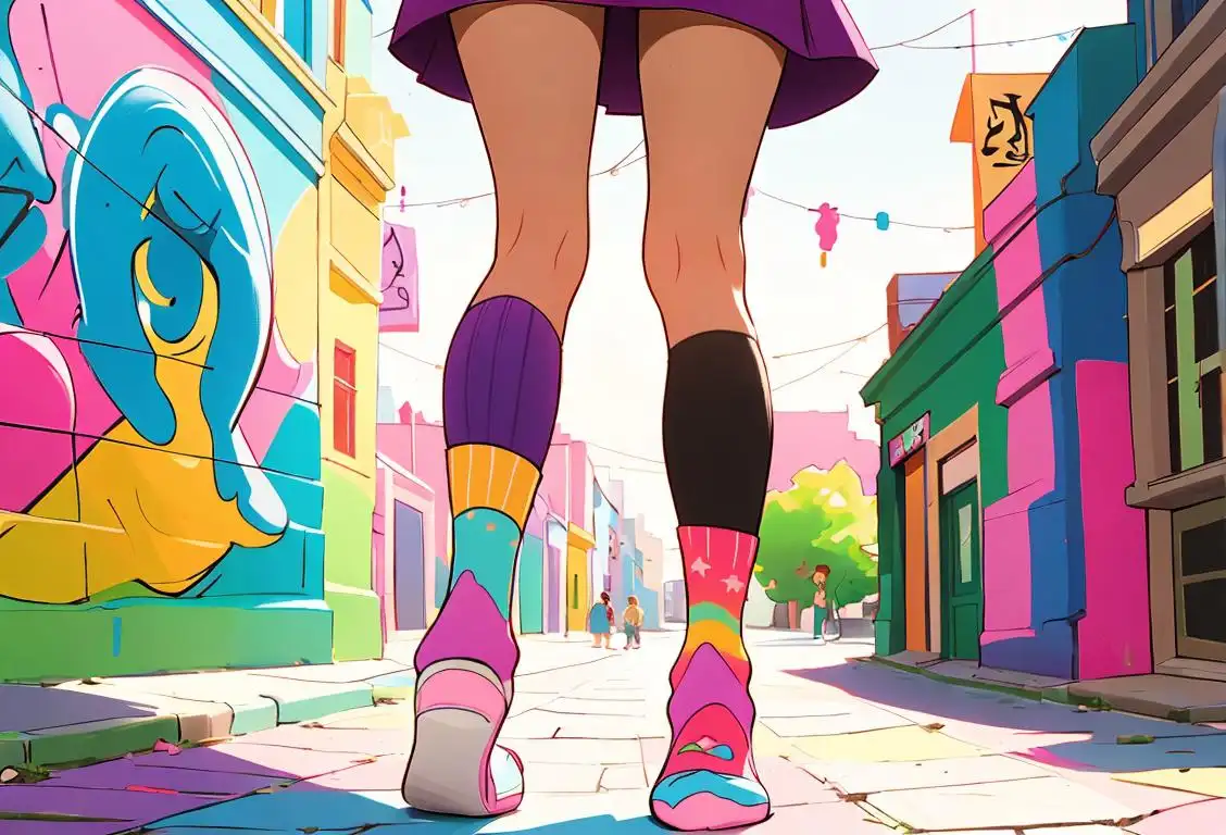 A joyful person wearing colorful mismatched socks, walking through a vibrant street full of sock-themed graffiti..