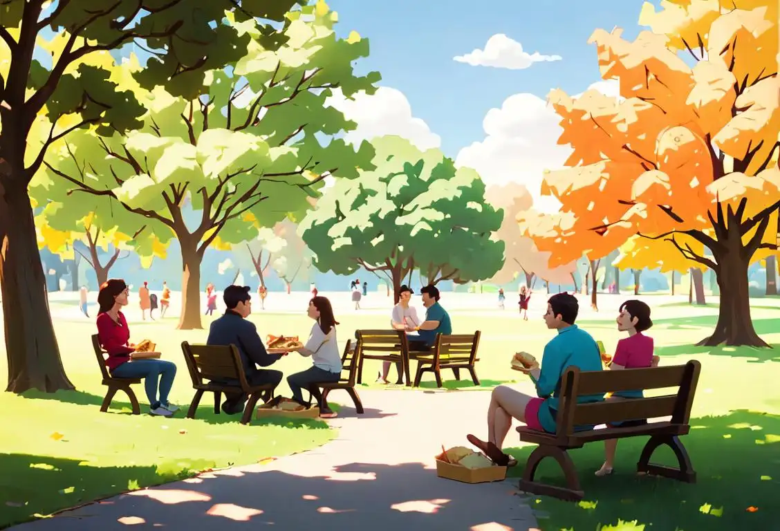 A group of people enjoying various sandwiches, dressed in casual attire, sitting in a park, surrounded by nature..