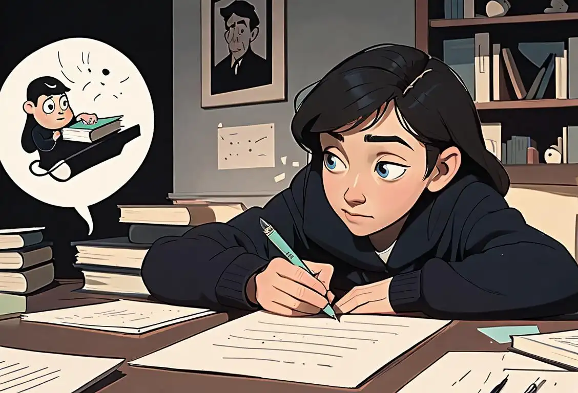 Young person sitting at a desk, surrounded by books and pens, with a thought bubble showing a personal story unfolding..