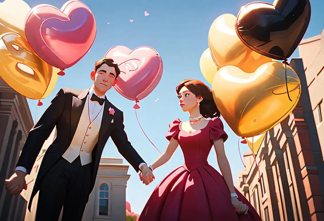 A couple holding hands, surrounded by heart-shaped balloons, dressed in formal attire at a beautiful outdoor location..