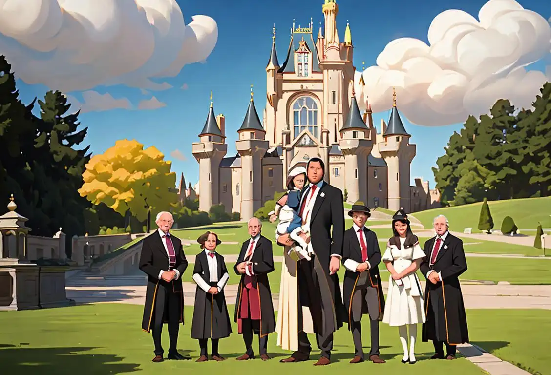 A multi-generational group of individuals named John King, wearing stylish attire, posing in front of a majestic castle..