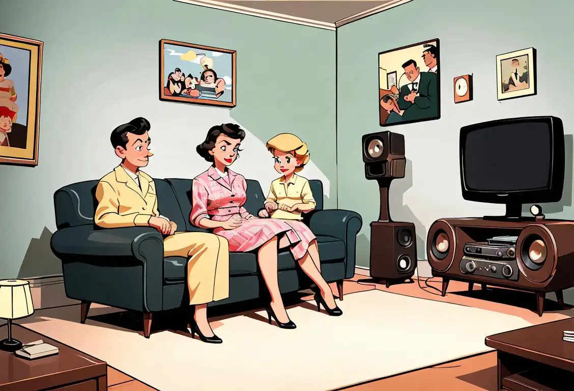 A family gathered around a vintage TV/radio set, wearing 1950s clothing, in a cozy living room with classic decor..