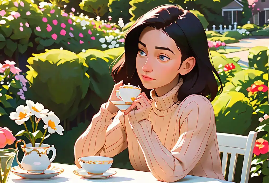 A person holding a teacup, wearing a cozy sweater, sitting in a garden surrounded by blooming flowers..