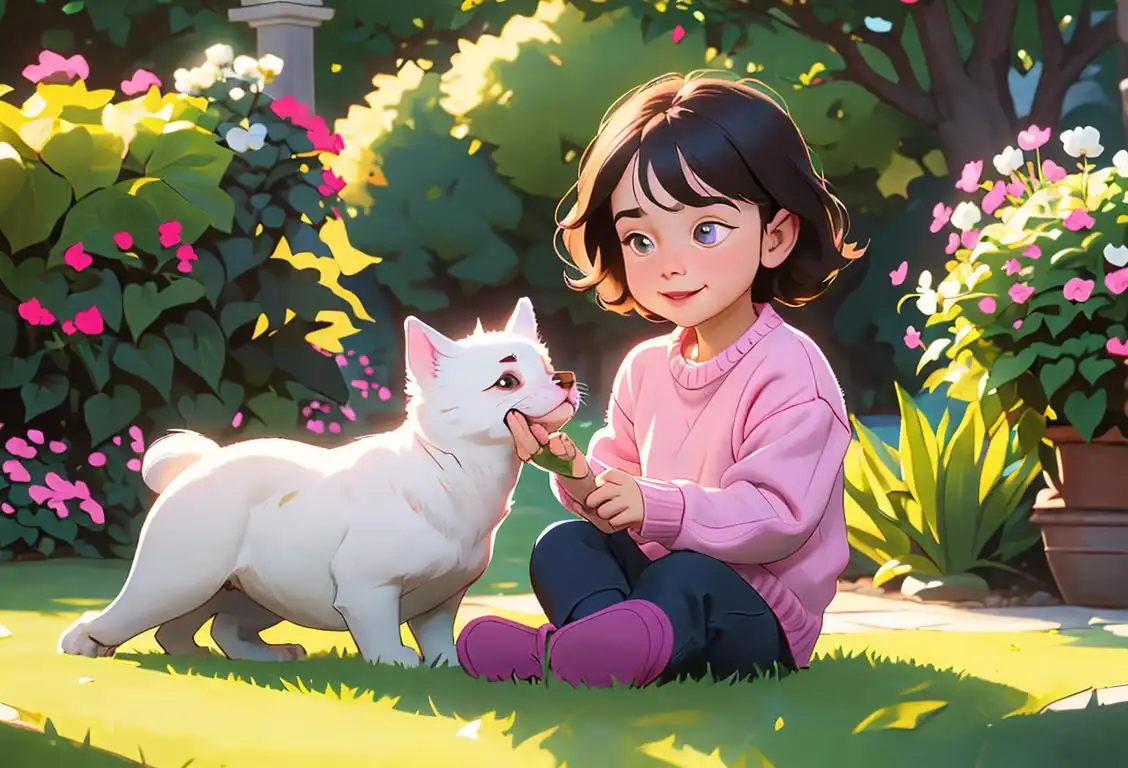 A cheerful child surrounded by therapy animals, wearing a cozy sweater, in a peaceful garden setting..