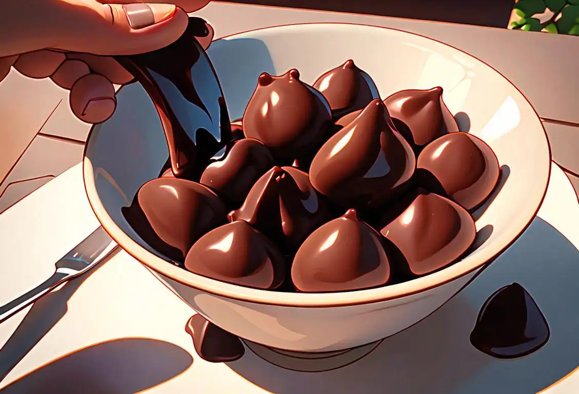 Close-up of a hand holding a bowl of chocolate covered raisins with a scenic backdrop of a vineyard, celebrating the sweet marriage of chocolate and raisins..