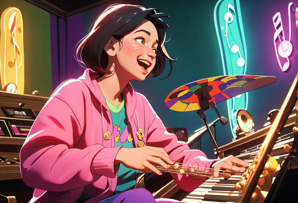 Happy person playing a musical instrument, wearing colorful clothes, surrounded by a lively music store..