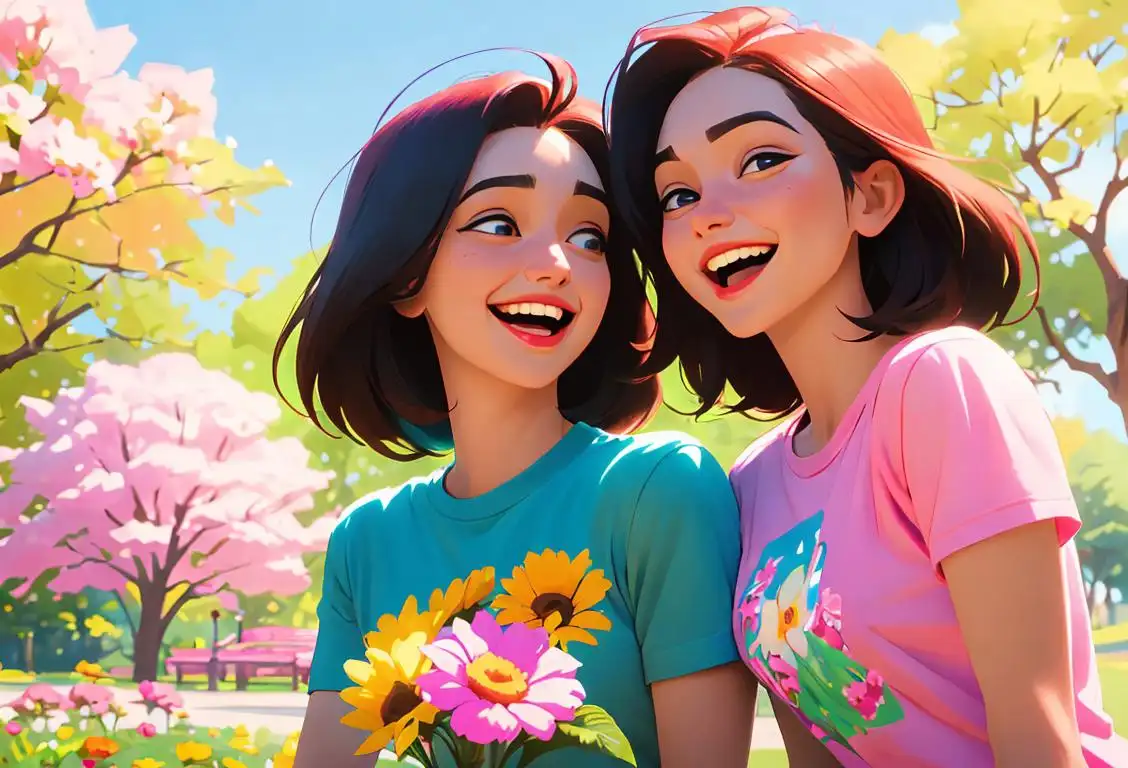 Two best friends laughing together in a park, wearing matching colorful t-shirts, surrounded by a beautiful sunny day and flowers..