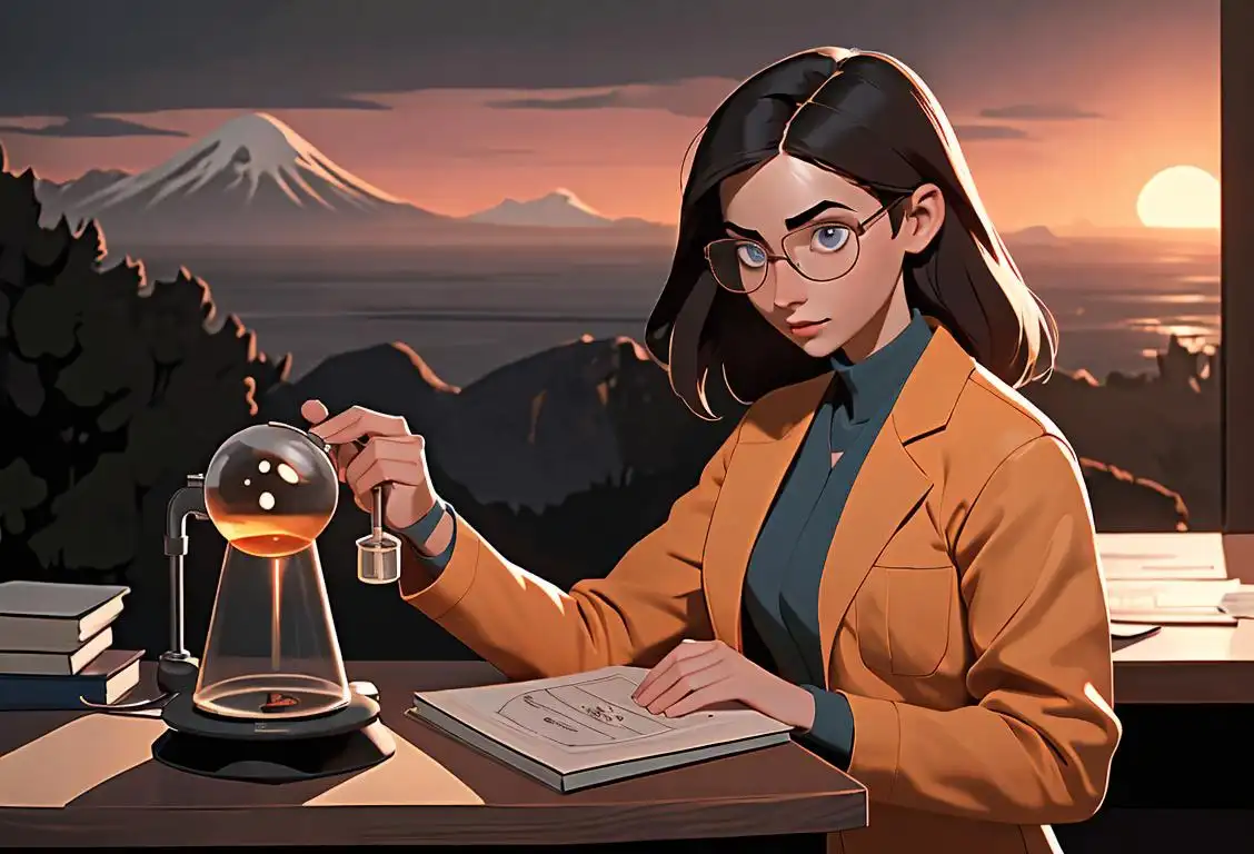 Young woman holding a seismograph in front of a scenic landscape at sunset, wearing a scientific lab coat and glasses, surrounded by books and charts..