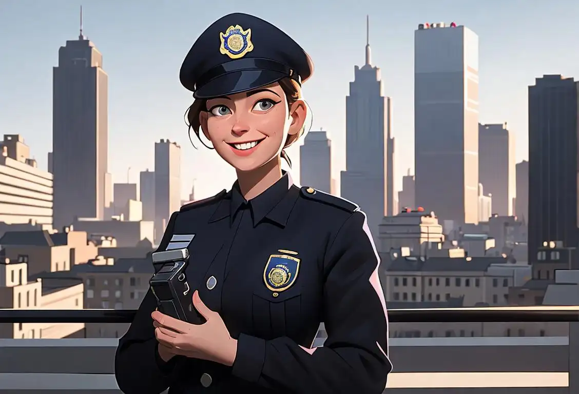 Smiling police officer, standing in front of a diverse cityscape, wearing a crisp uniform and holding a walkie-talkie..