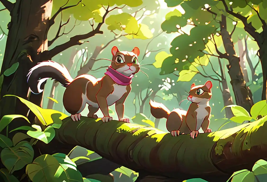 Adventurous cat wearing a bandana, exploring a lush forest, accompanied by a curious squirrel and bird friends..
