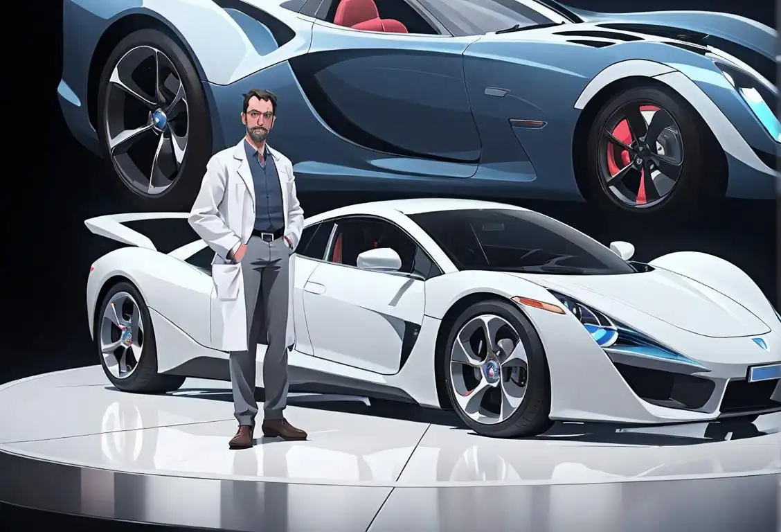 A person in a lab coat holding a hydrogen molecule model, standing in front of a futuristic hydrogen-powered car..