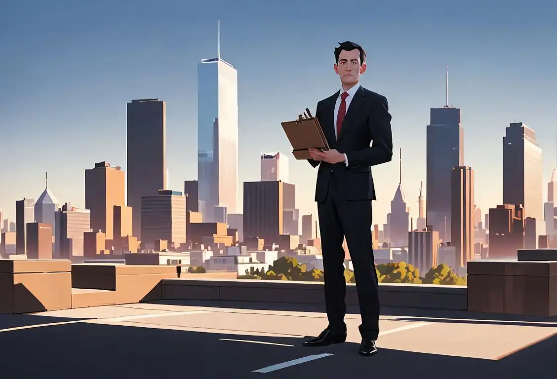 A confident individual in business attire, holding a briefcase, standing in a modern city skyline, with a curious expression on their face..