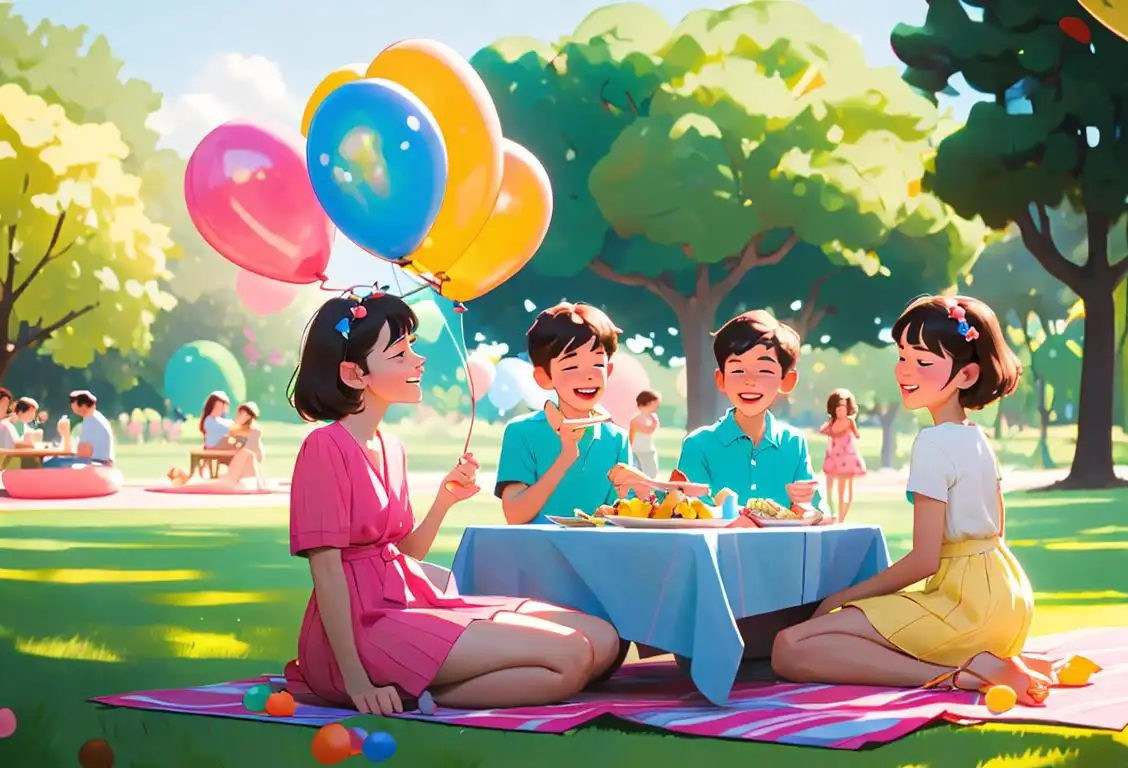 Family picnicking in a beautiful park, enjoying a feast of marnigos, wearing summer outfits, surrounded by colorful balloons and laughter..