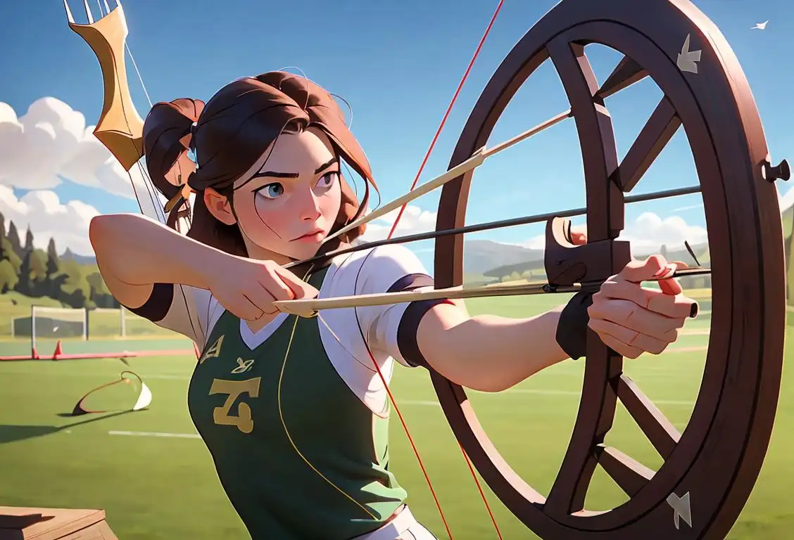 A person with a bow and arrow, dressed in athletic clothing, aiming at a target in a scenic outdoor setting..