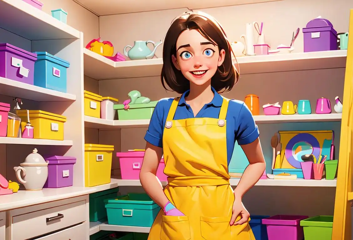 A cheerful person, wearing a colorful apron, happily organizing a room with neat shelves and a vacuum in the background..