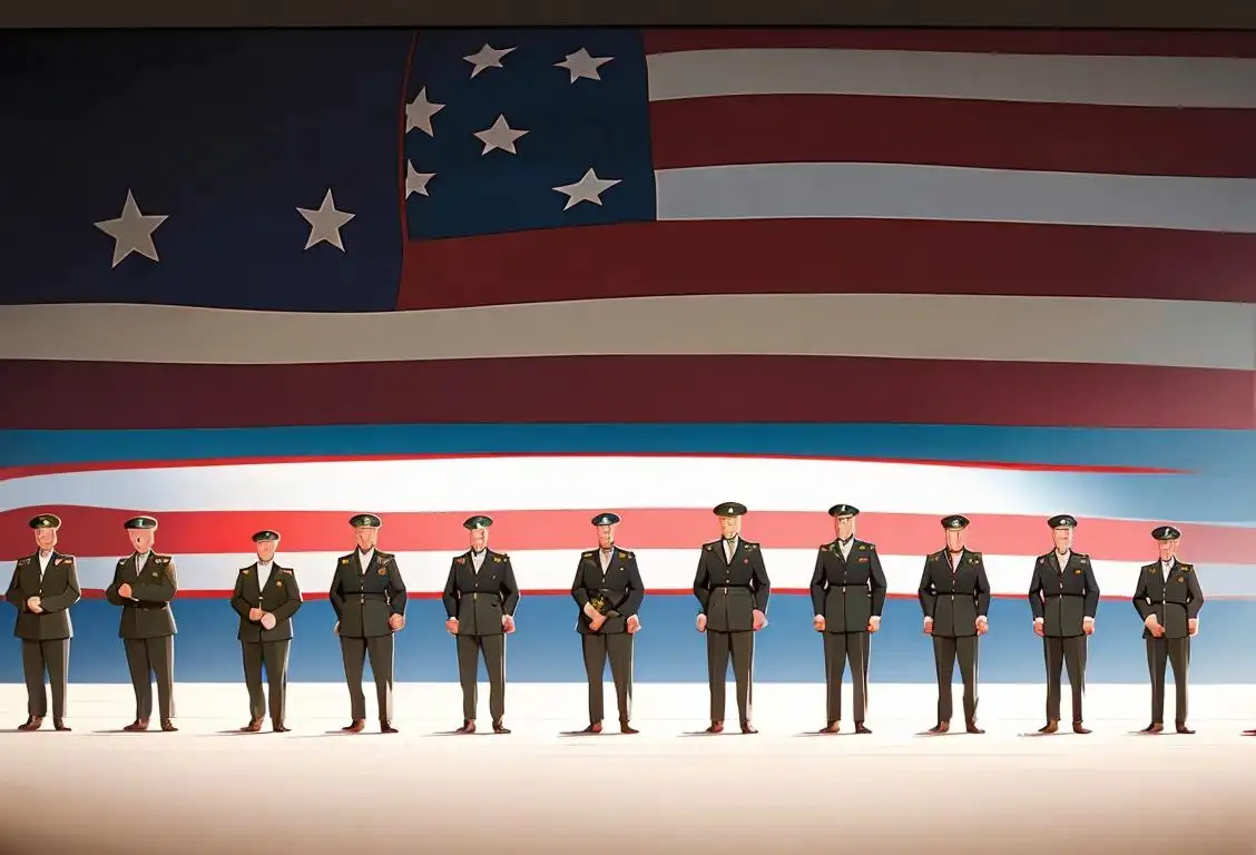 A group of military veterans standing together, wearing their uniforms, against a backdrop of the American flag..