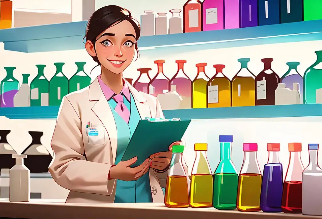 Smiling pharmacy technician in a white lab coat, standing beside a colorful array of prescription medicine bottles..