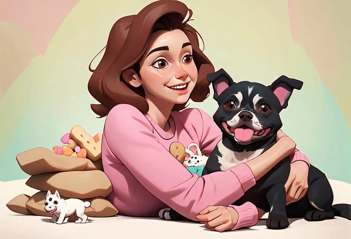 A joyful dog mom cuddling her furry friend, wearing a cute dog-themed outfit, surrounded by dog toys and treats.