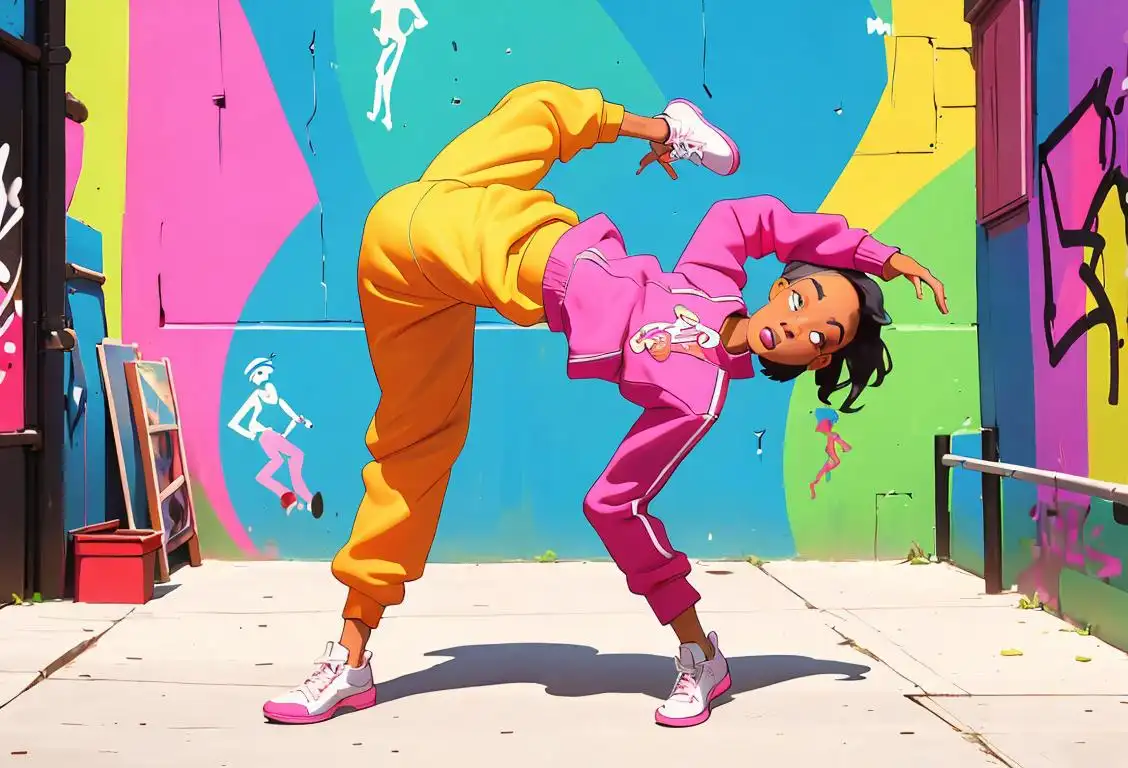 A group of diverse hip hop dancers showcasing their moves in an urban street setting, with vibrant graffiti art in the background. One dancer wearing a colorful tracksuit stands out..