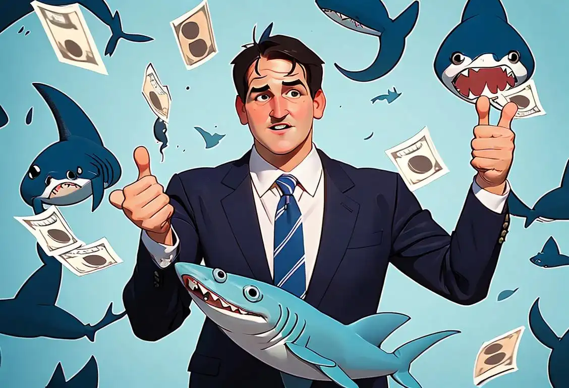 Mark Cuban, the entrepreneur and shark, in a suit, giving a thumbs up, surrounded by stacks of money..