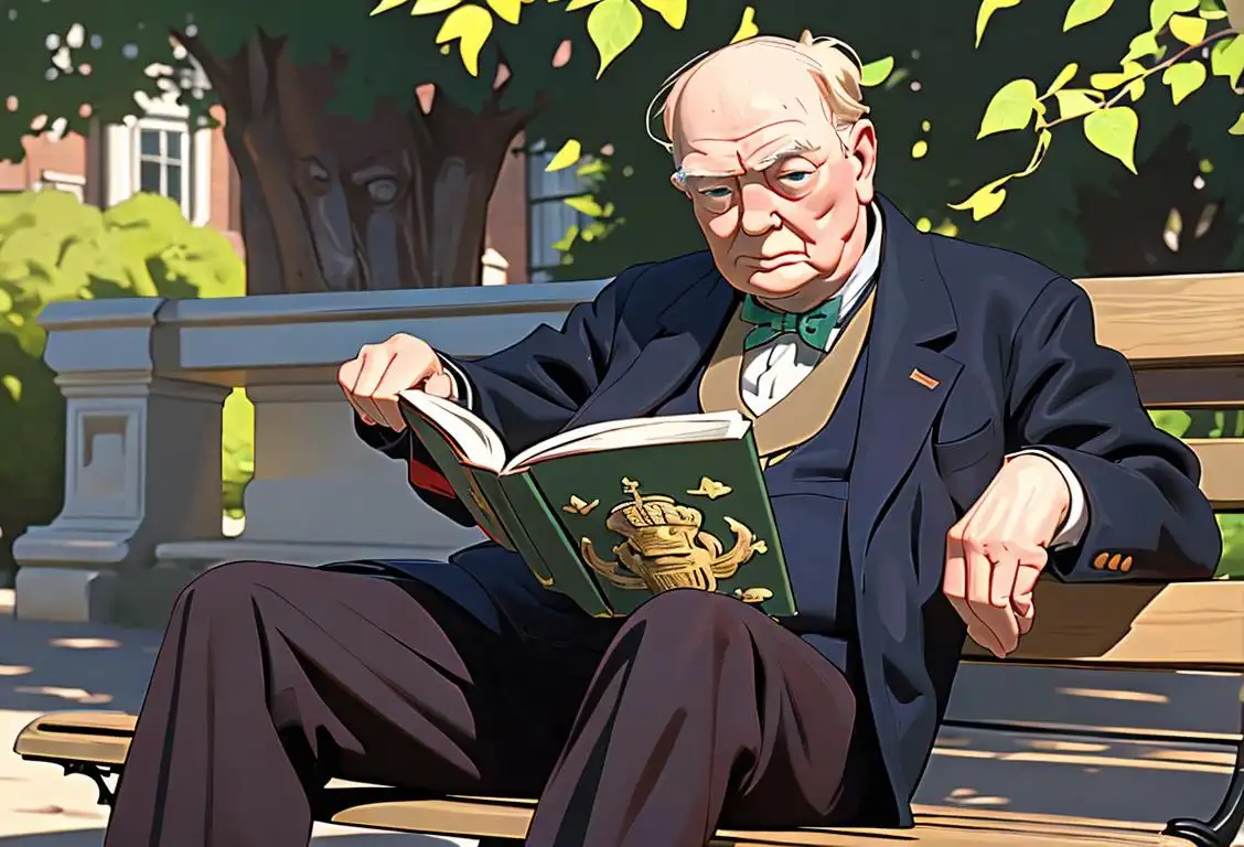 Elderly man wearing a bow tie, reading a history book on a park bench, surrounded by British flags..