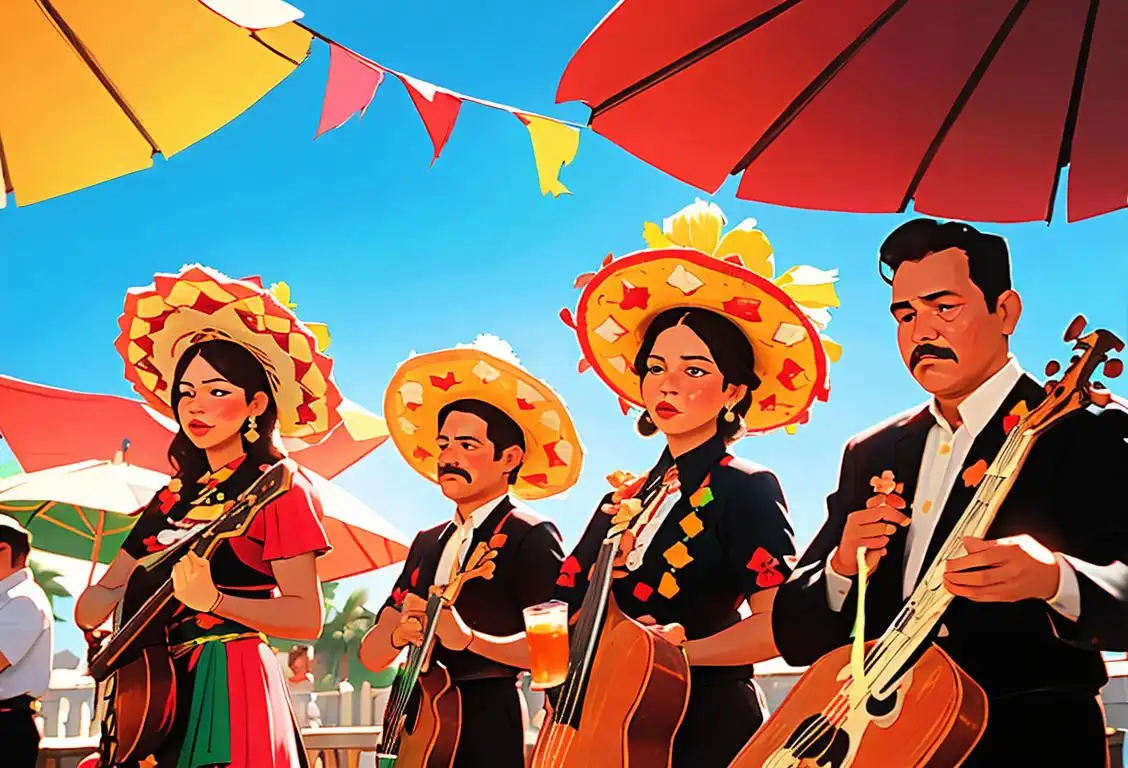 People in festive Mexican attire enjoying micheladas, with colorful decorations, mariachi band in the background, and a sunny outdoor setting..