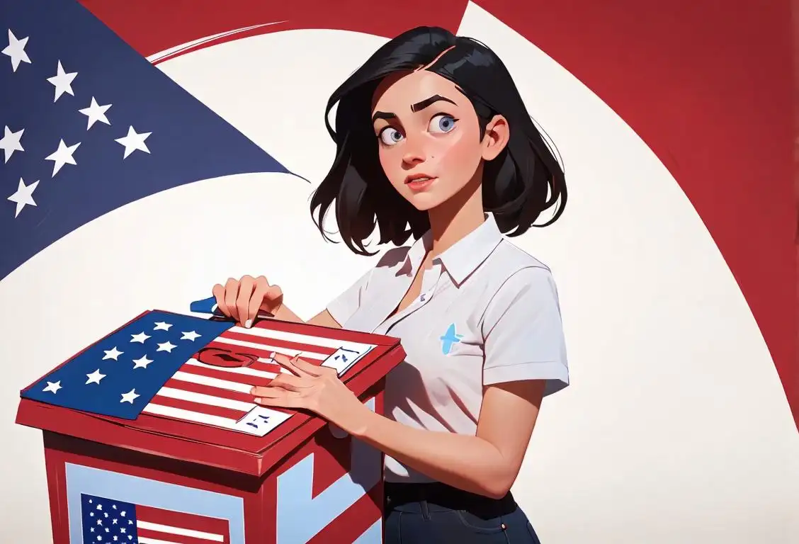 Young woman wearing a patriotic outfit, holding a ballot box, with a backdrop of a bustling voting center..