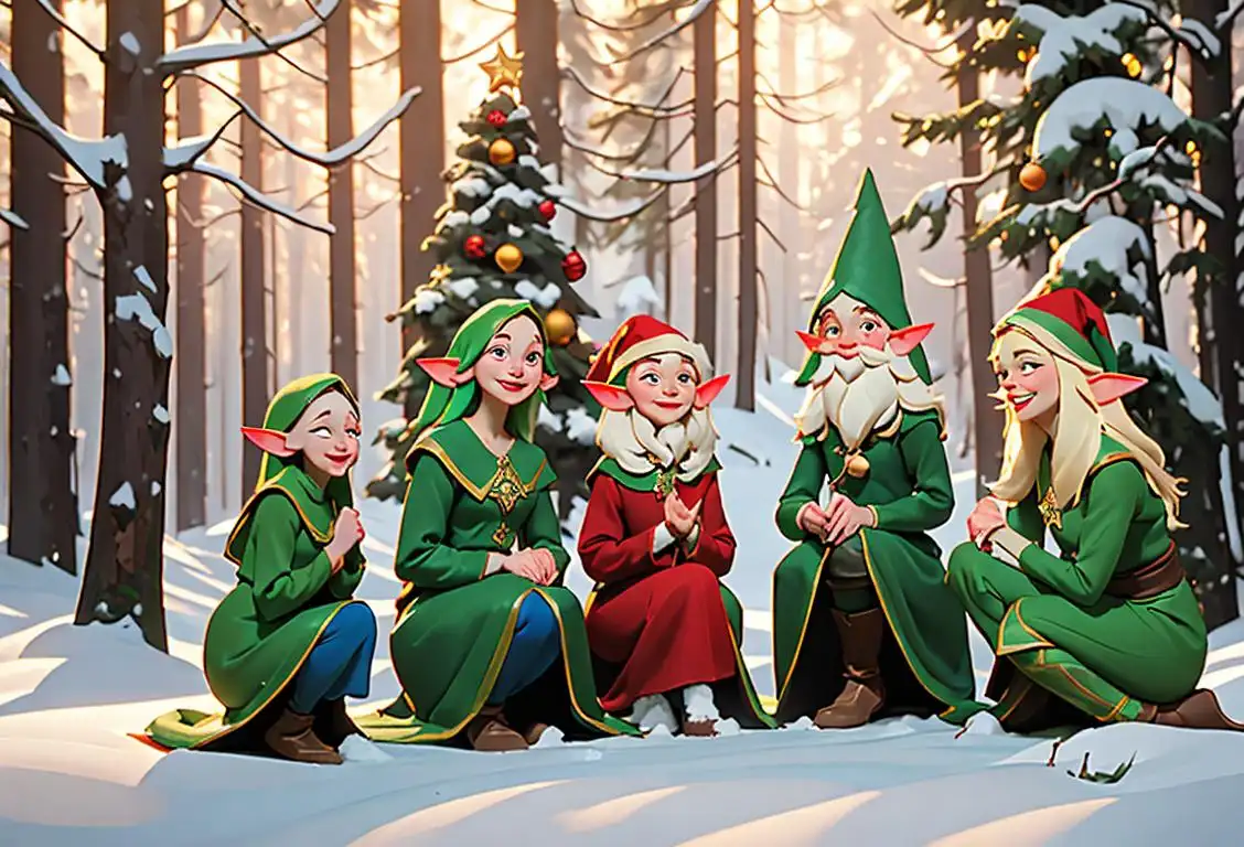 Joyful group of people dressed as elves, lighting up a Christmas tree in a snowy forest..
