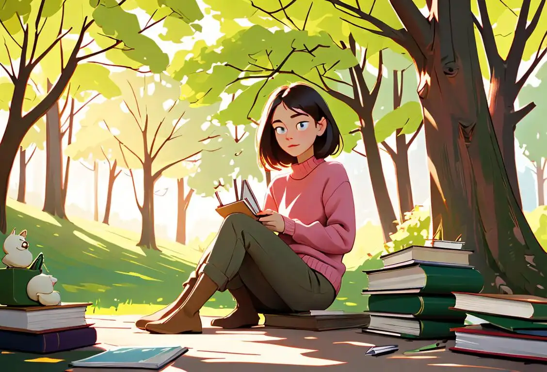 Young girl sitting outside, surrounded by nature, enjoying a book, wearing a cozy sweater, with a stack of books beside her..