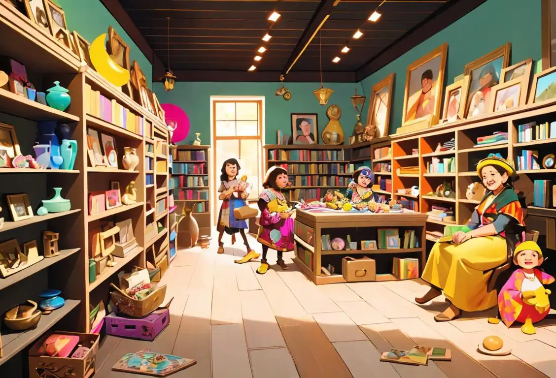A joyful group of people holding an assortment of items, dressed in colorful, eclectic outfits, surrounded by shelves filled with all sorts of treasures..