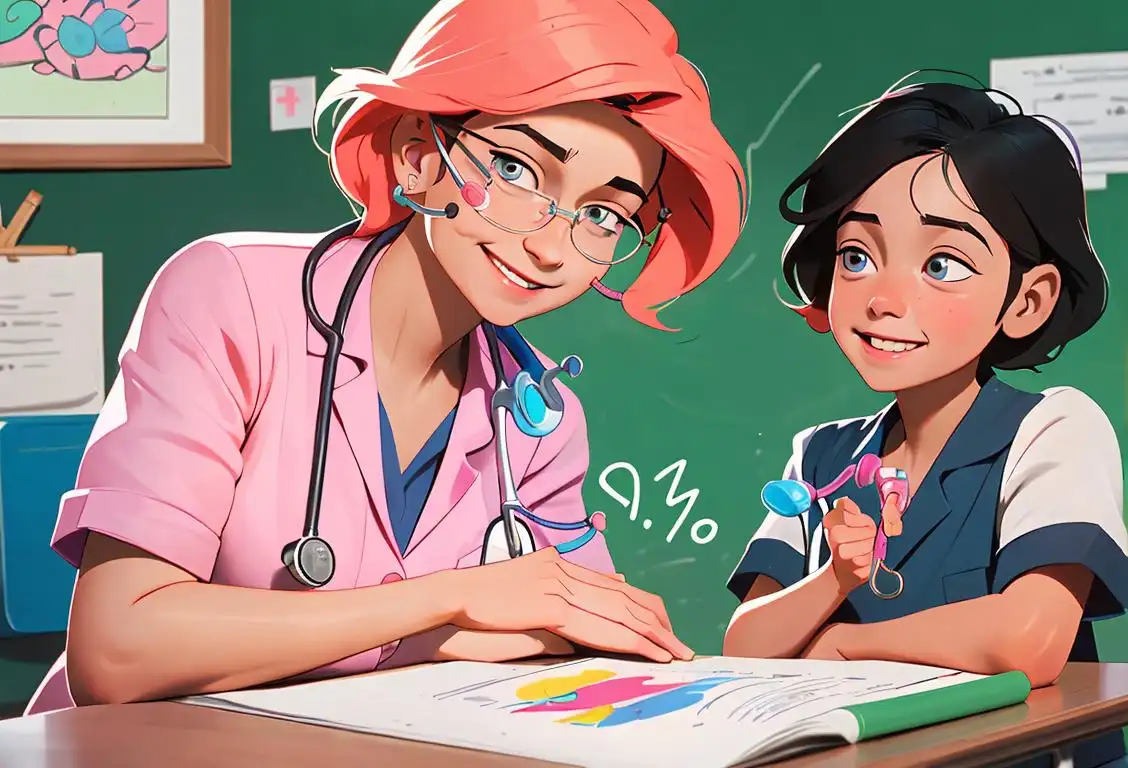 School nurse with stethoscope and smile, caring for children in colorful classroom setting, surrounded by educational materials and health-themed props..