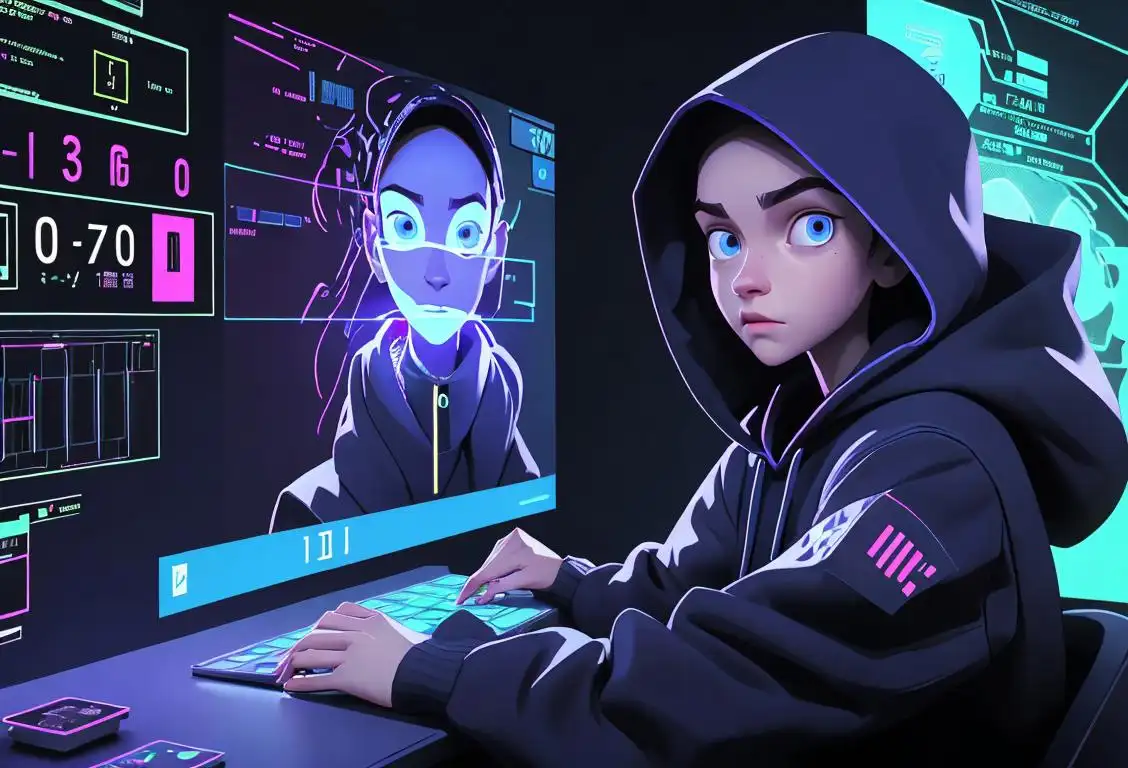 Young person in cyber-themed hoodie, holding virtual shield, surrounded by futuristic digital displays and binary code..