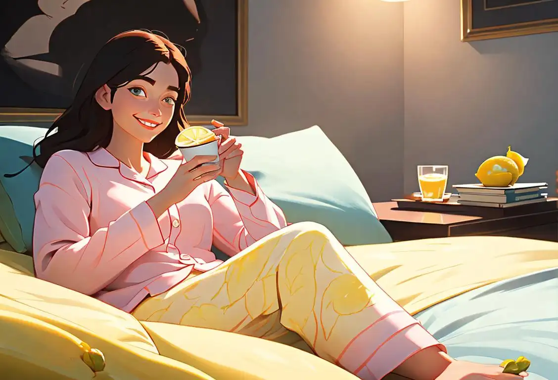 Smiling person, holding a cup of water with lemon, in comfortable pajamas, cozy bed setting..