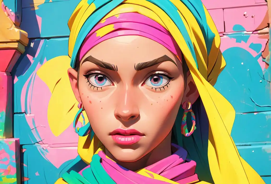 Young woman wearing a vibrant headwrap, rocking bohemian fashion style, surrounded by colorful urban street art..