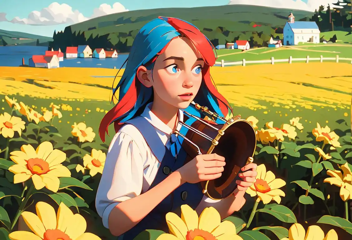 Young woman in colorful Acadian attire, playing traditional Acadian instruments, surrounded by picturesque Canadian countryside.