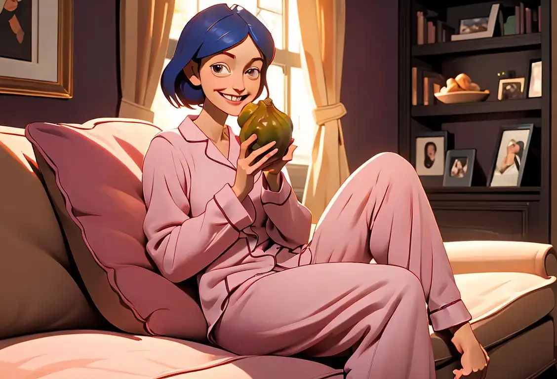 Someone smiling while taking a delicious bite of a Fig Newton, dressed in cozy pajamas, sitting in a cozy living room with a bookshelf..