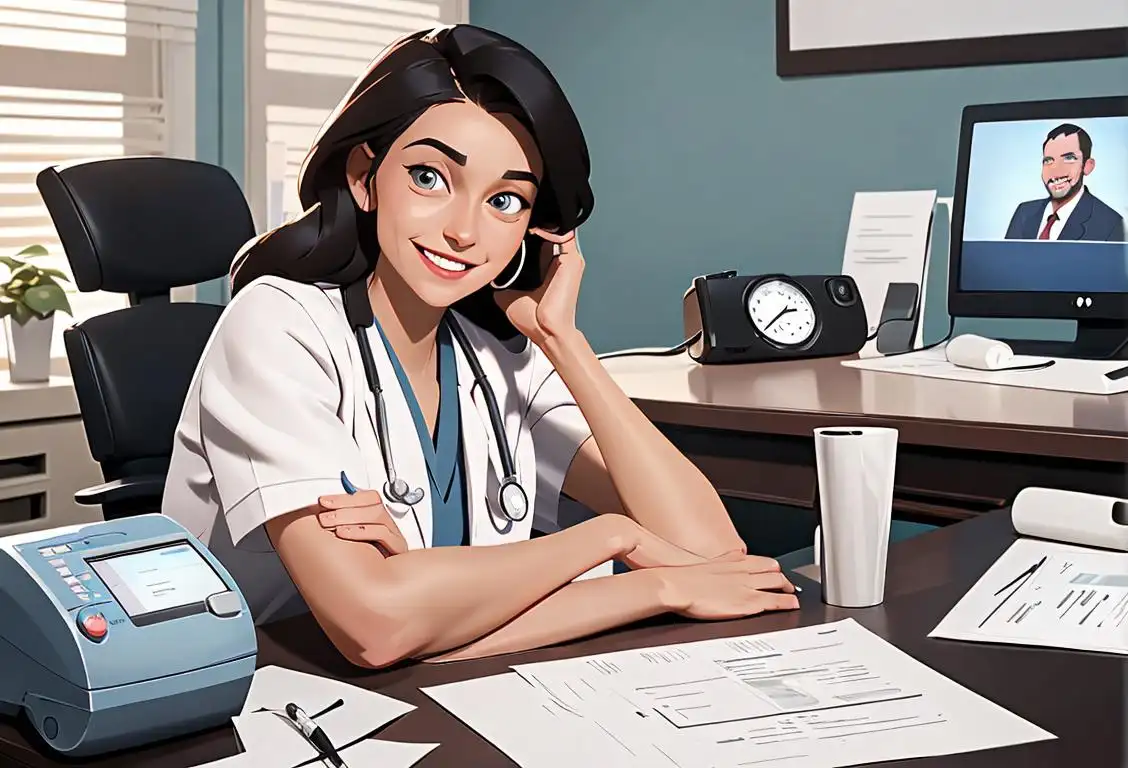 A healthcare recruiter sitting at a desk, surrounded by resumes and medical equipment, with a smile on their face..