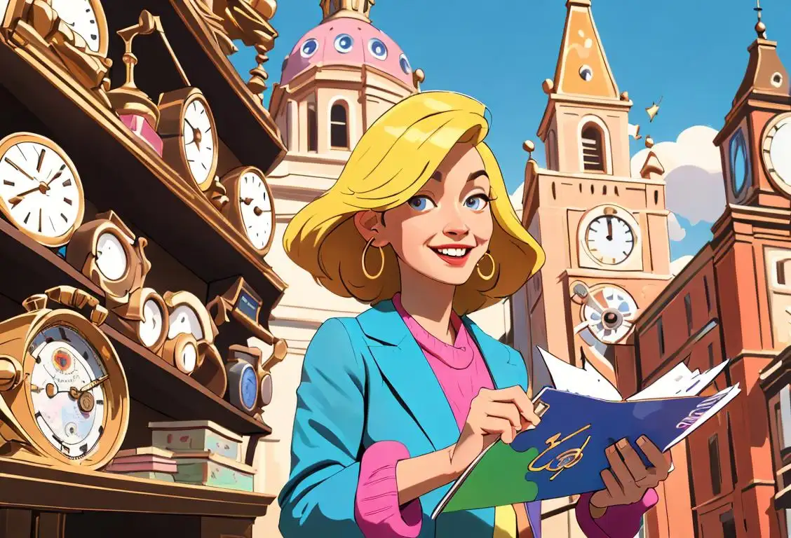A joyful person holding a colorful calendar, surrounded by clocks and timepieces, wearing a trendy outfit, against a bustling city backdrop..
