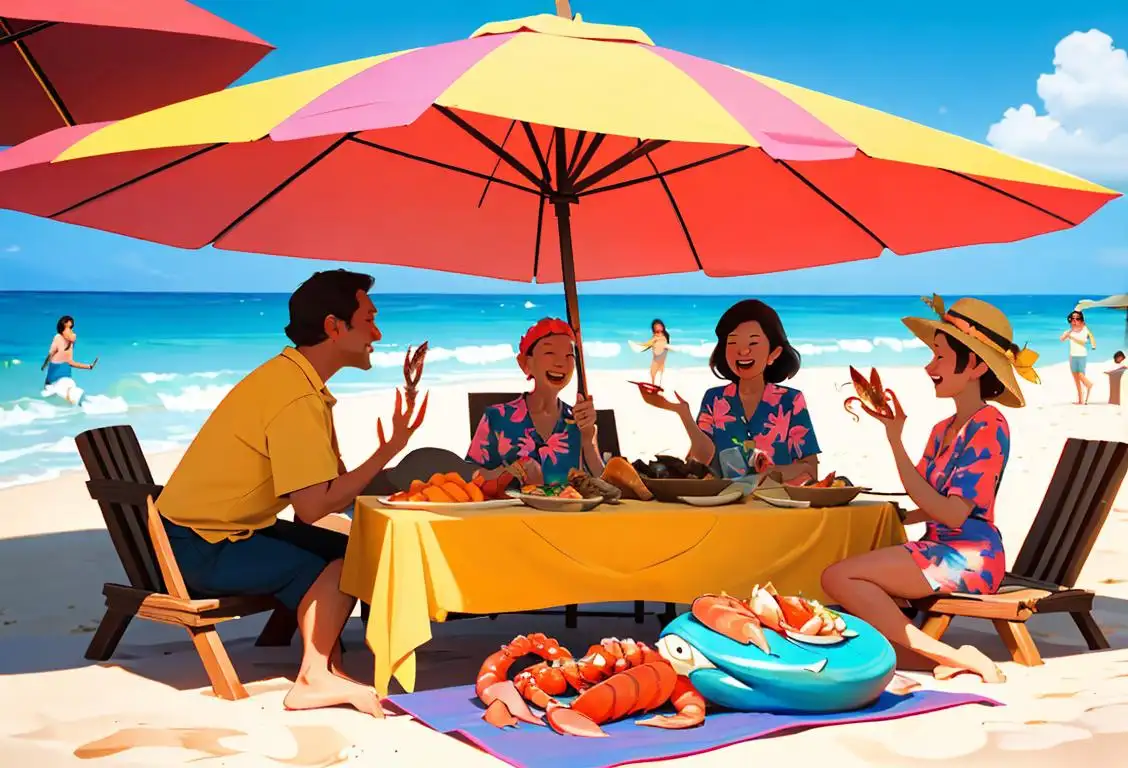 A joyful group of people enjoying a seafood feast on a sunny beach, with colorful beach umbrellas, wearing Hawaiian shirts and summer hats..