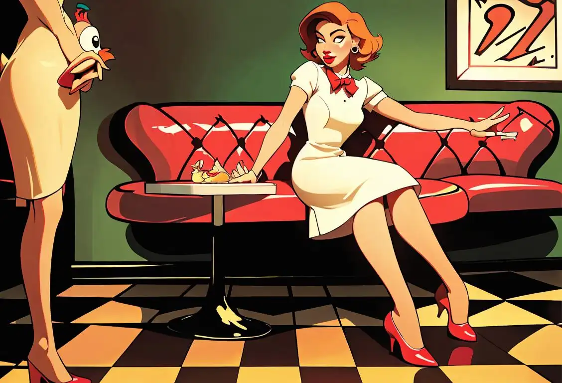 Young woman applying chicken wing flavored lipstick, wearing a retro 1950s style dress, vibrant diner scene with checkered floors and jukebox..