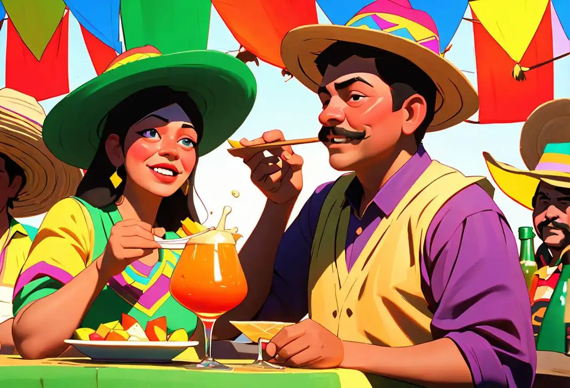 Happy people in sombreros toasting with tequila shots, vibrant Mexican fiesta scene with colorful decorations and traditional clothing..