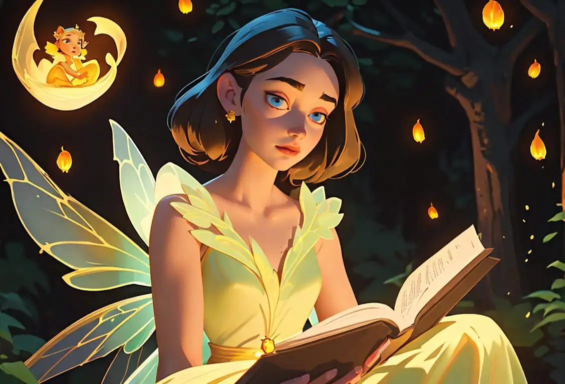 Beautiful princess reading a fairy tale book, wearing a flowing gown, in a magical forest filled with glowing fireflies..